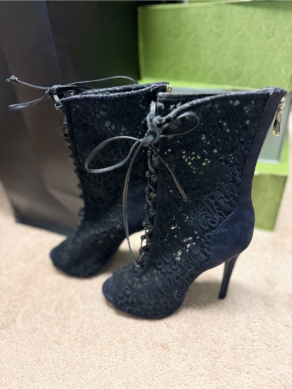 Bebe Black Lace Peep-Toe Lace-Up Stiletto Booties